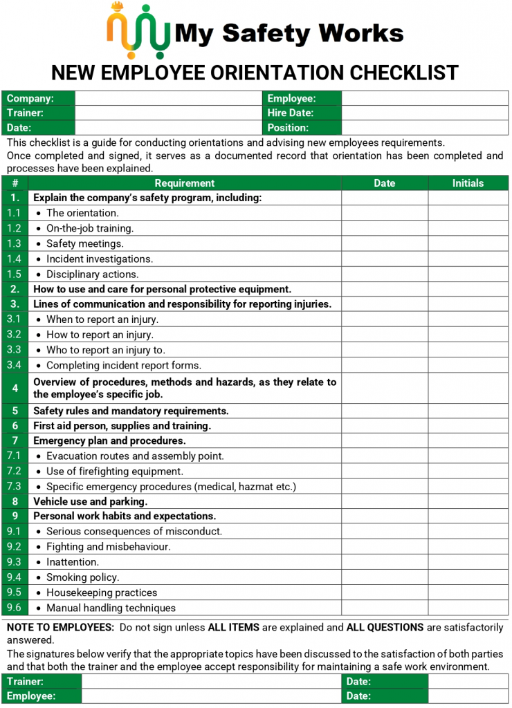 New Employee Orientation Checklist | My Safety Works